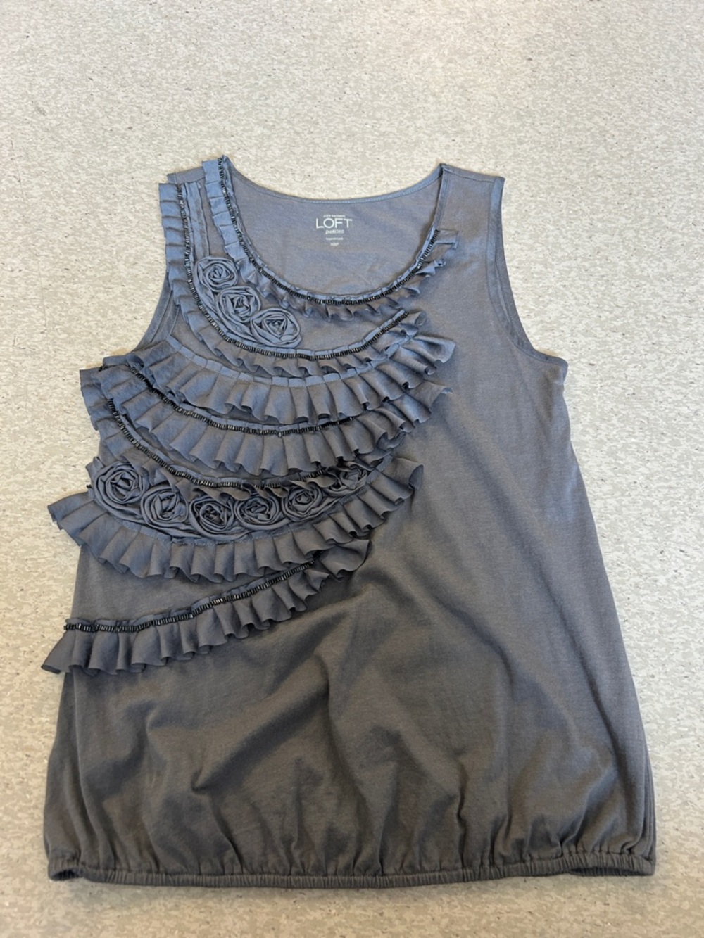 LOFT Slate Gray Ruffle & Rosette Sleeveless Top size xs